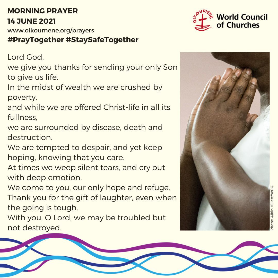 Prayer card illustrated with the hands of an African woman folded in prayer: Lord God,  we give you thanks for sending your only Son to give us life.  In the midst of wealth we are crushed by poverty,  and while we are offered Christ-life in all its fullness,  we are surrounded by disease, death and destruction. We are tempted to despair, and yet keep hoping, knowing that you care...