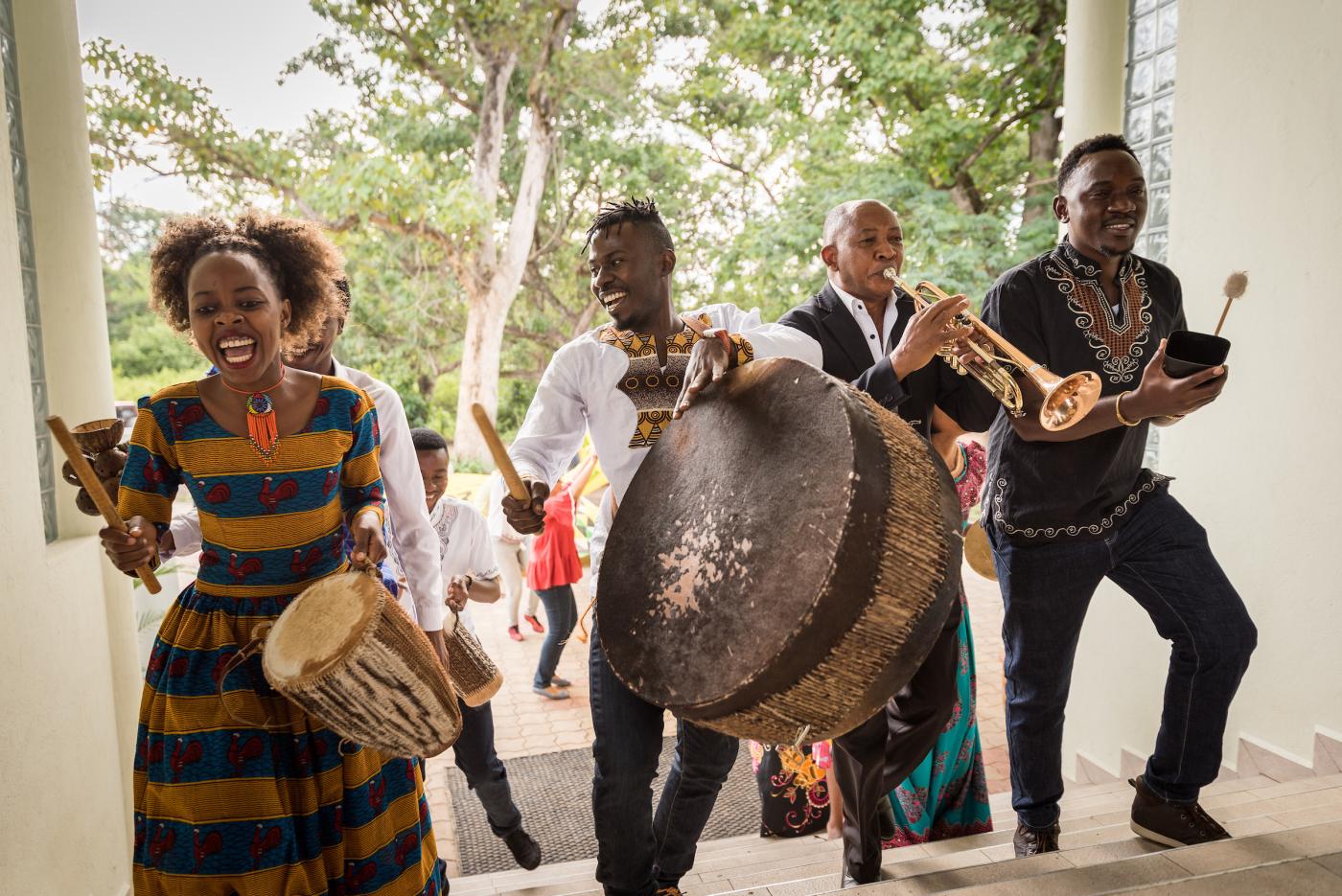 young people play drums and trumpet during one of the sessions of the Global Ecumenical Theological Institute (GETI) in Arusha, Tanzania, 2018.