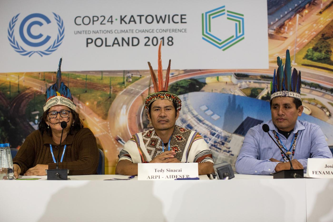 Indigenous people speak at the UN climate negotiations COP24 in Katowice, Poland, Photo: Sean Hawkey/Life on Earth Pictures