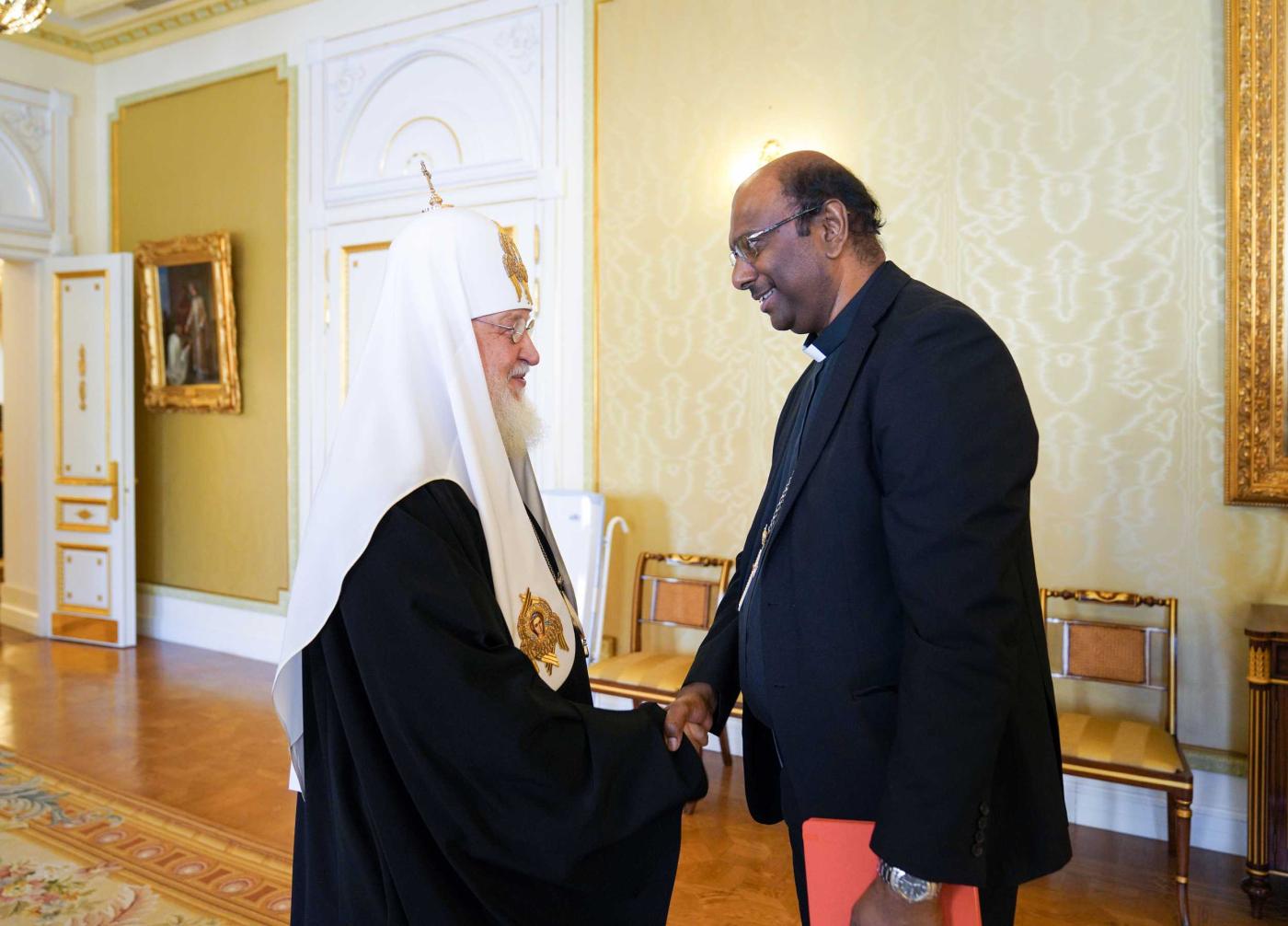 On 17 May 2023 in Moscow, a WCC delegation consisting of general secretary Rev. Prof. Dr Jerry Pillay, Director for International Affairs Mr Peter Prove, and Programme Executive for Ecumenical Relations and Faith and Order Dr Vasile-Octavian Mihoc met with His Holiness Patriarch Kirill, head of the Russian Orthodox Church.  Photo: ROC