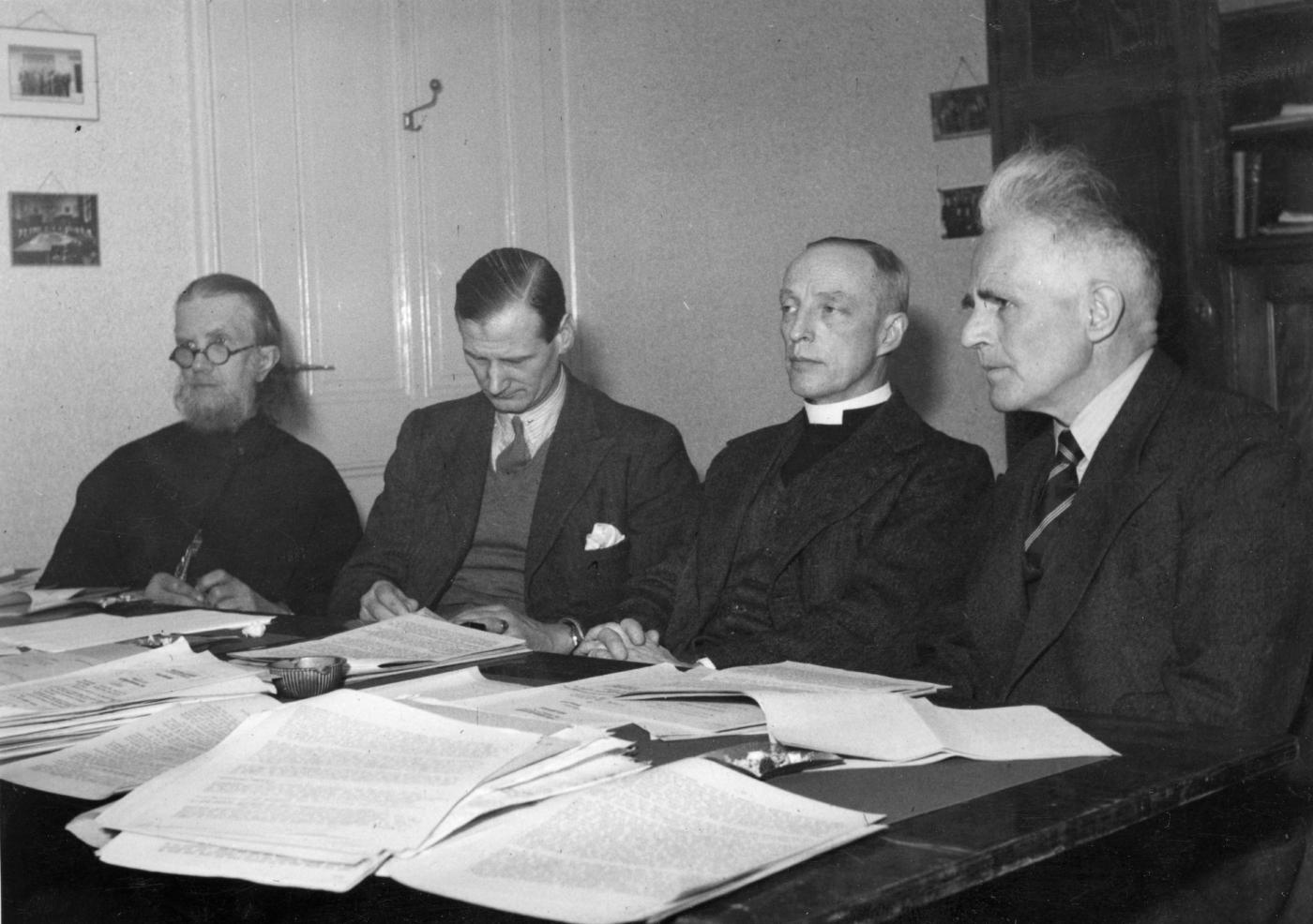 A Commission of the Study Department preparing for the WCC Assembly in Amsterdam, 1948: Georges Florovsky, Oliver Tomkins, Floyd Tomkins and Emil Brunner. Photo: WCC Archive