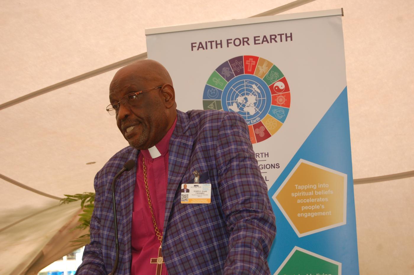 Bishop Arnold Temple, the President of the All Africa Conference of Churches (AACC), speaks on March 11 during a faith leaders side event dubbed faith for earth at the U.N Environmental Assembly in Nairobi. Photo: Fredrick Nzwili