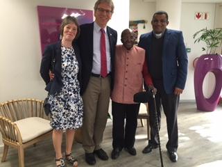 The WCC general secretary, Rev. Dr Olav Fykse Tveit,  with Archbishop Emeritus Desmund Tutu. Pictured with Mrs Anna Tveit, Rev. Jerome Stanley Francis, chief of staff, Office of the Anglican Archbishop of Southern Africa.