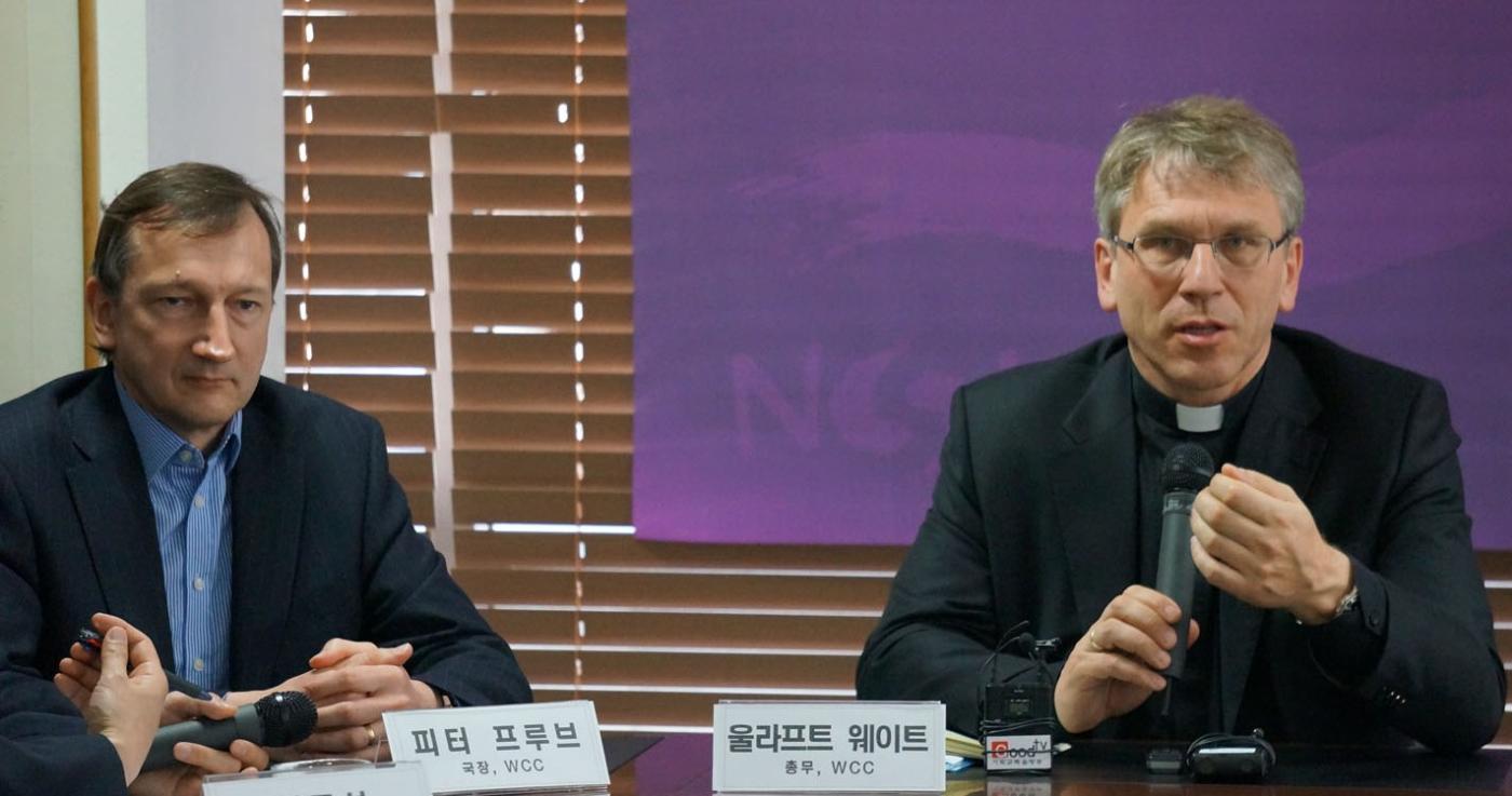 WCC general secretary, Olav Fykse Tveit (right) with the WCC staff member Peter Prove (left) at a press conference in Seoul. 