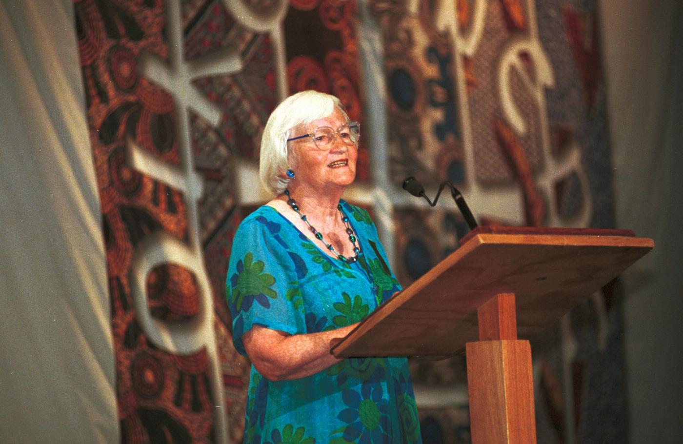 Dr Pauline Webb speaking at the WCC 8th Assembly in Harare, Zimbabwe, 1998.