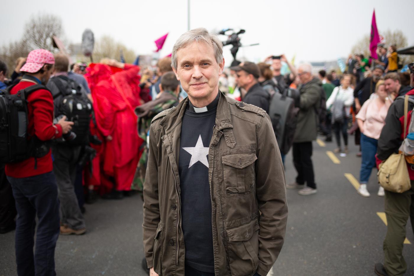 Giles Goddard, the vicar of St John's, Waterloo, where he is helping protestors in the Extinction Rebellion action by opening the church for the protestors to sleep and use other facilities. Photo: Sean Hawkey/WCC