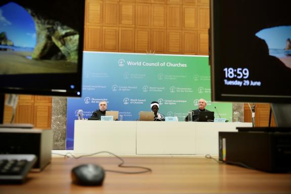 Closing press conference of the WCC central committee 2021, panel of speakers and computer screens