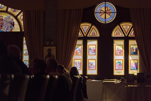 Stained glass windows at sunset. 