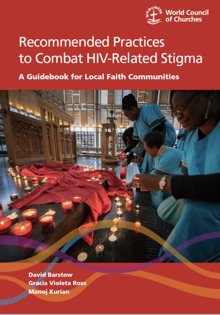 Book cover - red background, people lighting candles among HIV ribbons
