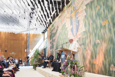 21 June 2018, Geneva, Switzerland:  Pope Francis speaks at an Ecumenical Encounter between Pope Francis and the World Council of Churches.