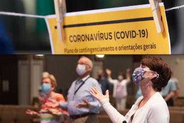 Collage: Coronavirus-Warnschild und betende Menschen in einer Kirche