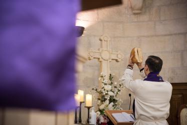 Prayer service in March 2020 as the first Covid-19 cases were identified in Bethlehem, Evangelical Lutheran christmas church, Photo: Albin Hillert/WCC