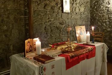 The altar of the medieval chapel of the Ecumenical Institute decorated for an Orthodox Easter midnight service, 1 May 2021. Photo: WCC