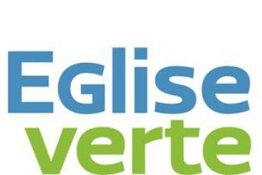 Eglise verte logo: a colourful bird flying in front of a church window