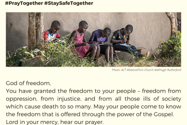 Prayer card illustrated with image of youth studying on a bench outside a building in Uganda. Prayer text: God of freedom, you have granted the freedom to your people – freedom from oppression, from injustice, and from all those ills of society which cause death to so many. May your people come to know the freedom that is offered through the power of the Gospel.  Lord in your mercy,  hear our prayer.