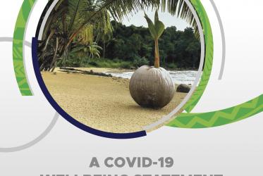 Cover image of a COVID-19 wellbeing statemtent, showing a plant growing on a sandy beach in the Pacific islands