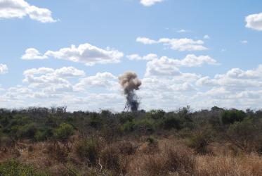 The smoke of a controlled explosion destroying weapons, carried out by "Transforming Guns into Hoes" in Mozambique