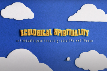Animation of clouds on a blue sky, with the words 'Ecological Spirituality' in the middle.