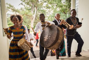 young people play drums and trumpet during one of the sessions of the Global Ecumenical Theological Institute (GETI) in Arusha, Tanzania, 2018.