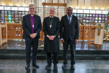 Rt. Rev. Dr Olav Fykse Tveit, presiding bishop of the Church of Norway and former WCC general secretary, Bishop Heinrich Bedford-Strohm, moderator of the WCC central committee, and Rev. Dr Jerry Pillay, WCC general secretary, in the chapel of the Ecumenical Center in Geneva, Switzerland.