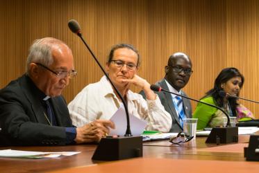 Panelists discussing spiritual perspectives on climate change and human rights. © WCC/Albin Hillert