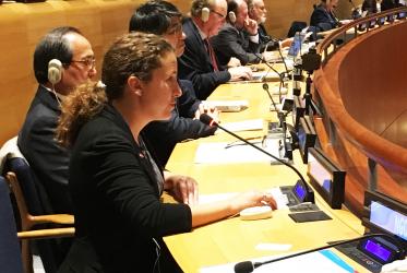 Dr Emily Welty, vice-moderator of the WCC's Commission of the Churches on International Affairs, delivered the statement at the UN in New York, Photo: Douglas Leonard/WCC