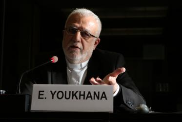 Father Emanuel Youkhana during the presentation of the joint study at the UN headquarters in Geneva. ©Ivars Kupcis/WCC