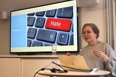 Pen Sweden’s general secretary Anna Livion Ingvarsson explains their work against hate speech. Photo: WCC/Claus Grue 