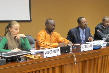 From left to right: Christina Papazoglou, Tutu Alicante, Alfredo Okeneve Ndoho and Wenceslao Mansogo, in a UN side-event on Equatorial Guinea, in Geneva.