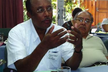Rev. Norman Bent (left) with Rev. Vitalino Similox, of the Ecumenical Christian Council of Guatemala, during a consultation in San Salvador, El Salvador, in 2006, organised by Canadian churches with their Central American partners. Photo: Jim Hodgson/UCC