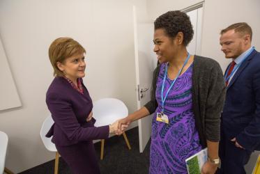 The First Minister of Scotland, Ms. Nicola Sturgeon, meets Ms. Frances Namoumou from the Pacific Conference of Churches, at COP23. ©Sean Hawkey/WCC