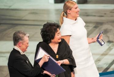 Hiroshima bomb survivor Setsuko Thurlow (centre) and ICAN executive director Beatrice Fihn (right) at the Nobel Prize ceremony. Photo: Albin Hillert/World Council of Churches