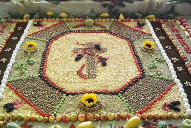 Food decoration at harvest festival, St John the Baptist, Treherz, Germany. Photo: Bene16